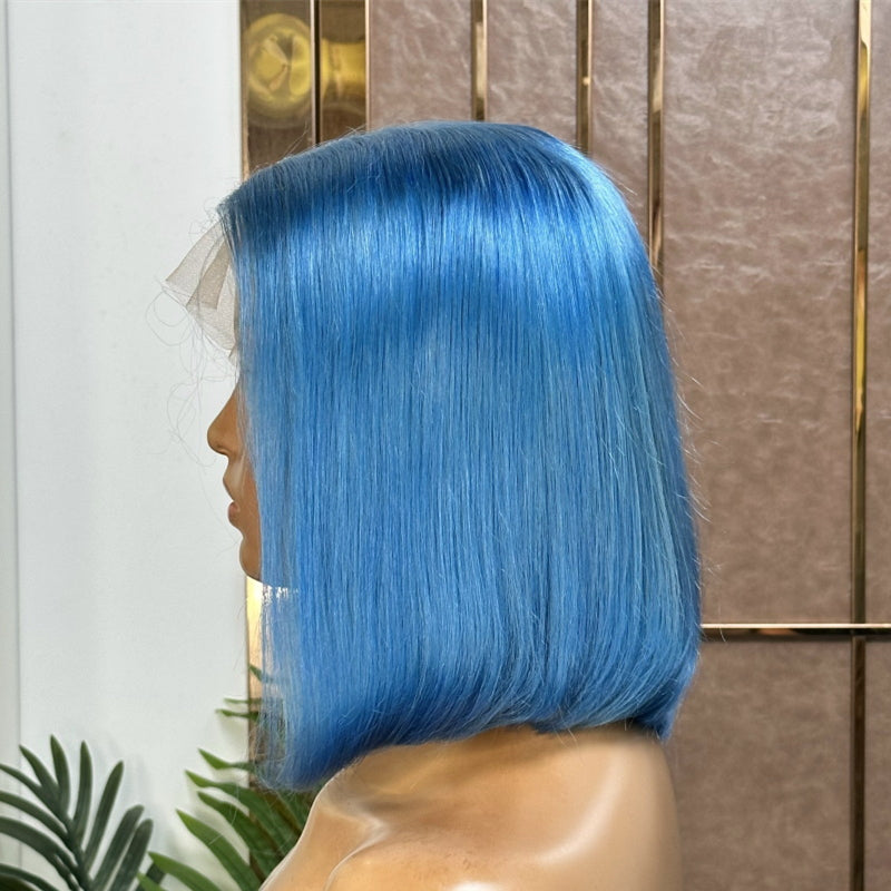 XBL Hair 13x4 Light Blue Straight Bob Wig Short Wig Sky Blue Lace Frontal Human Hair Wig
